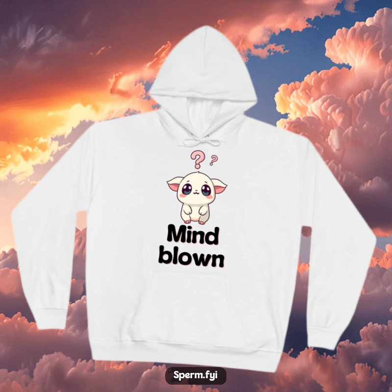 Funny Kawaii Creature Hoodie: A wide-eyed Kawaii creature looks surprised at a question mark, embodying funny, inquisitive pondering.