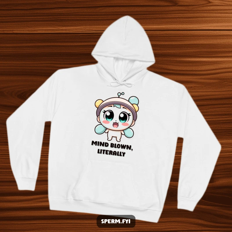 Funny hoodie featuring a surprised molecule character with wide eyes, providing comfort and humor.