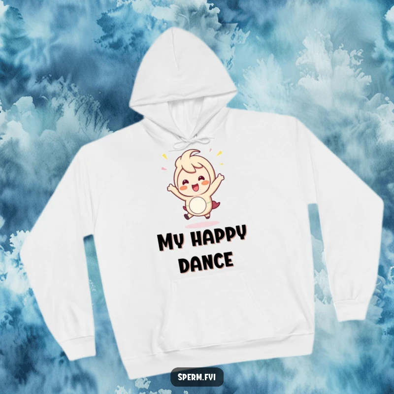 Funny Hoodie: A character doing a cute, happy, celebratory hop, designed for maximum coziness and cheer.
