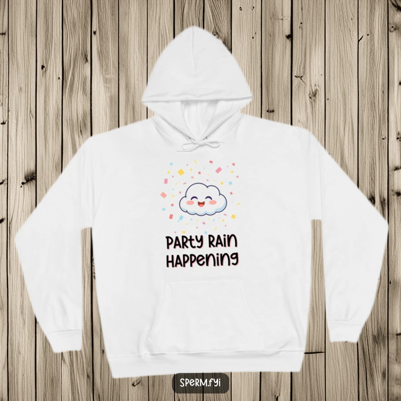 Funny, cozy hoodie depicting a happy cloud character giggling as it rains confetti, offering warmth and whimsical happiness.