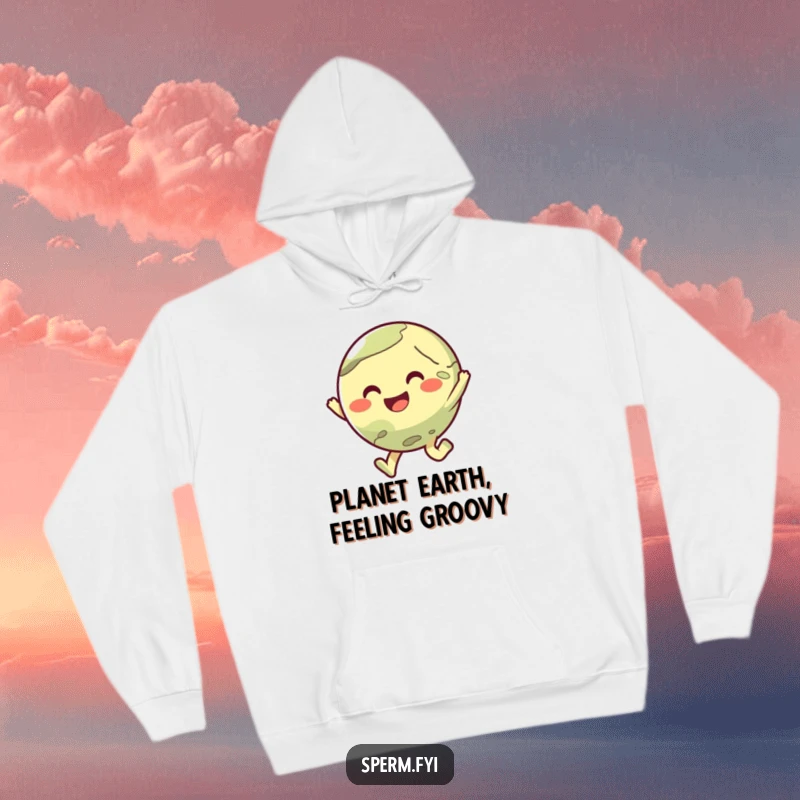 Funny hoodie featuring a cute planet character doing a joyful little hop, providing cozy and humorous vibes.