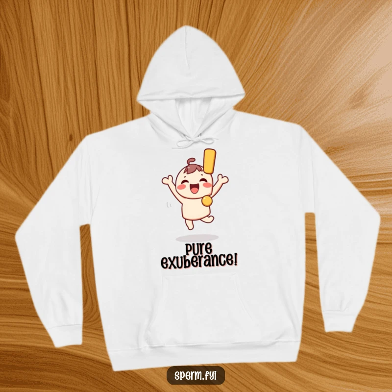 Funny Kawaii Character Hoodie: A happy Kawaii character jumps high, holding a large exclamation mark, showcasing funny, exuberant delight.