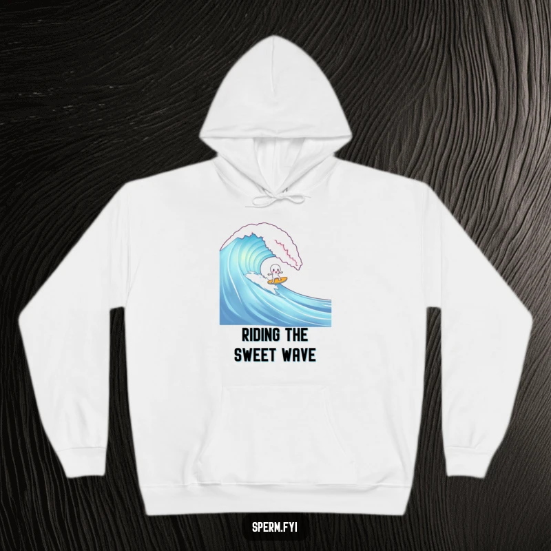 Funny hoodie featuring a sperm character attempting to surf a giant gummy bear wave, offering warmth and sweet comedic action.
