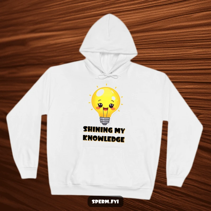 Funny cheerful lightbulb character emitting a bright, warm glow on a cozy hoodie.