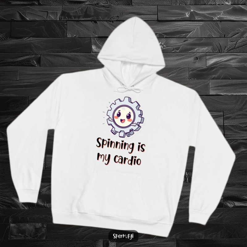 Funny hoodie depicting a playful gear character caught in a fast, energetic spin, ideal for cozy laughs.