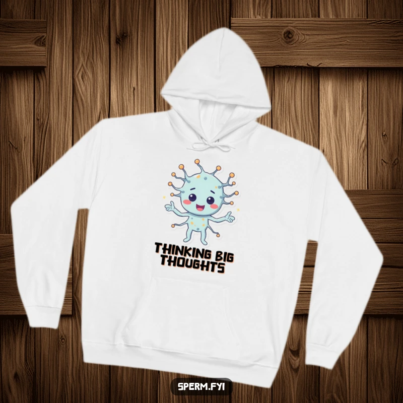 Funny hoodie featuring a happy neuron character actively transmitting signals, perfect for cozy contemplation and humor.