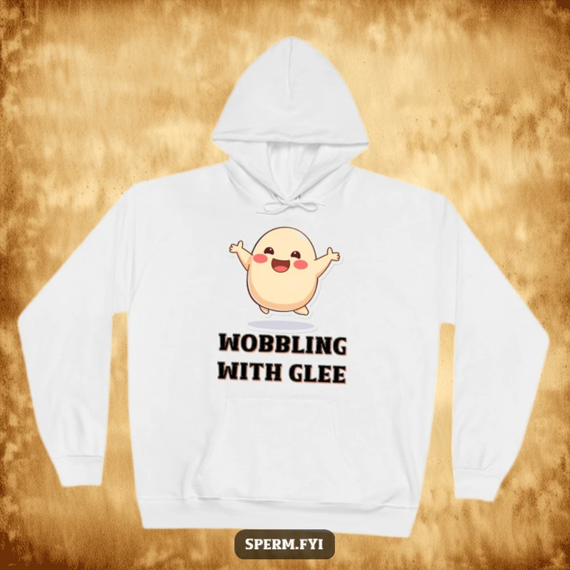 Funny smiling blob character doing a joyful bounce on a cozy hoodie, radiating warmth and happiness.