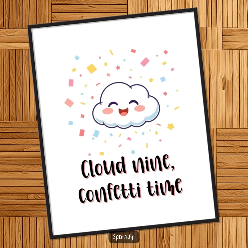 Funny Free Printable Wall Art: A happy cloud character giggling as it rains confetti, cheerful and humorous downloadable decor.