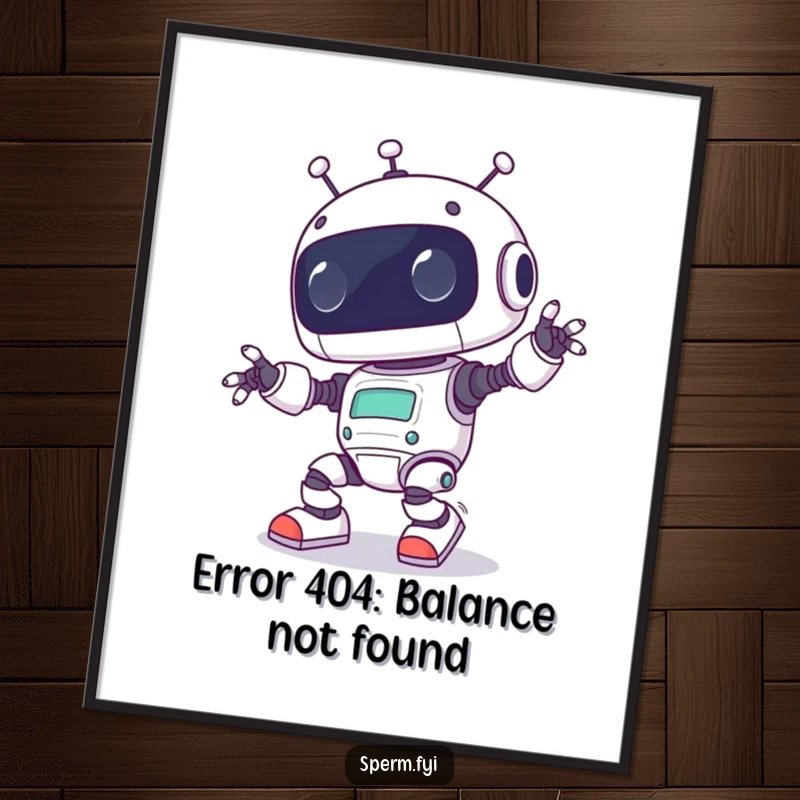 Funny Free Printable Wall Art: Cute Kawaii robot comically tripping over its own feet, humorous tech-themed illustration.