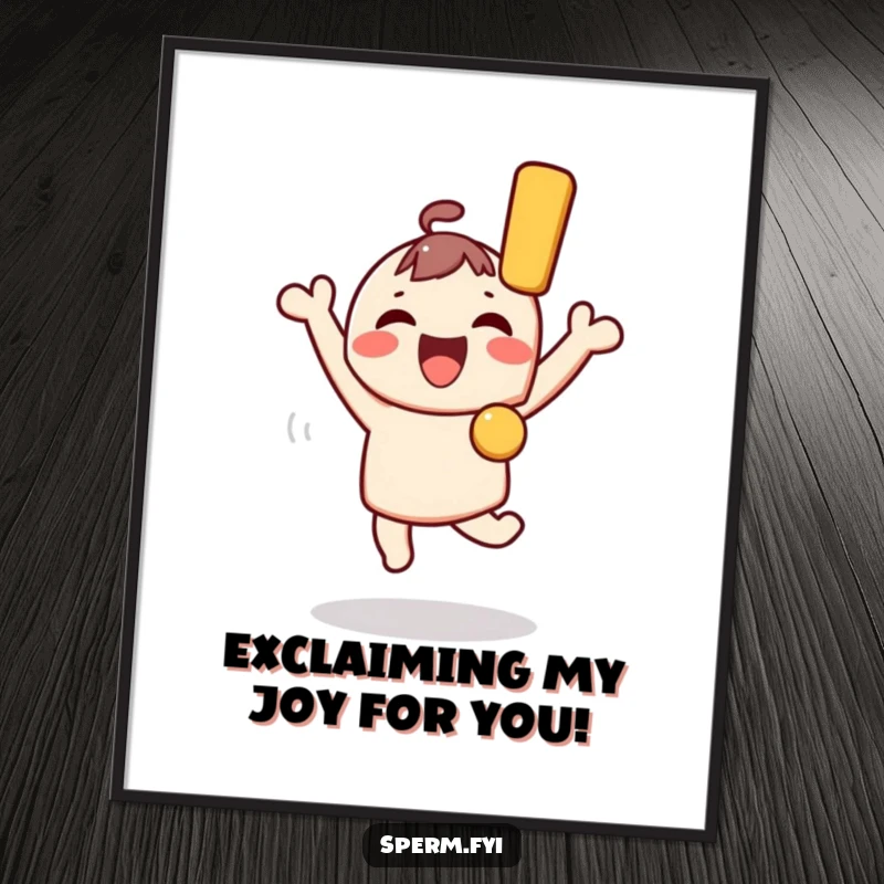 Funny Free Printable Wall Art: Kawaii character jumping with joy and a giant exclamation mark, energetic downloadable art.