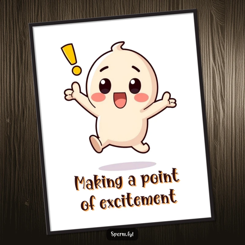 Funny Free Printable Wall Art: A cute kawaii exclamation point character mid-jump, radiating surprise and vibrant energy.