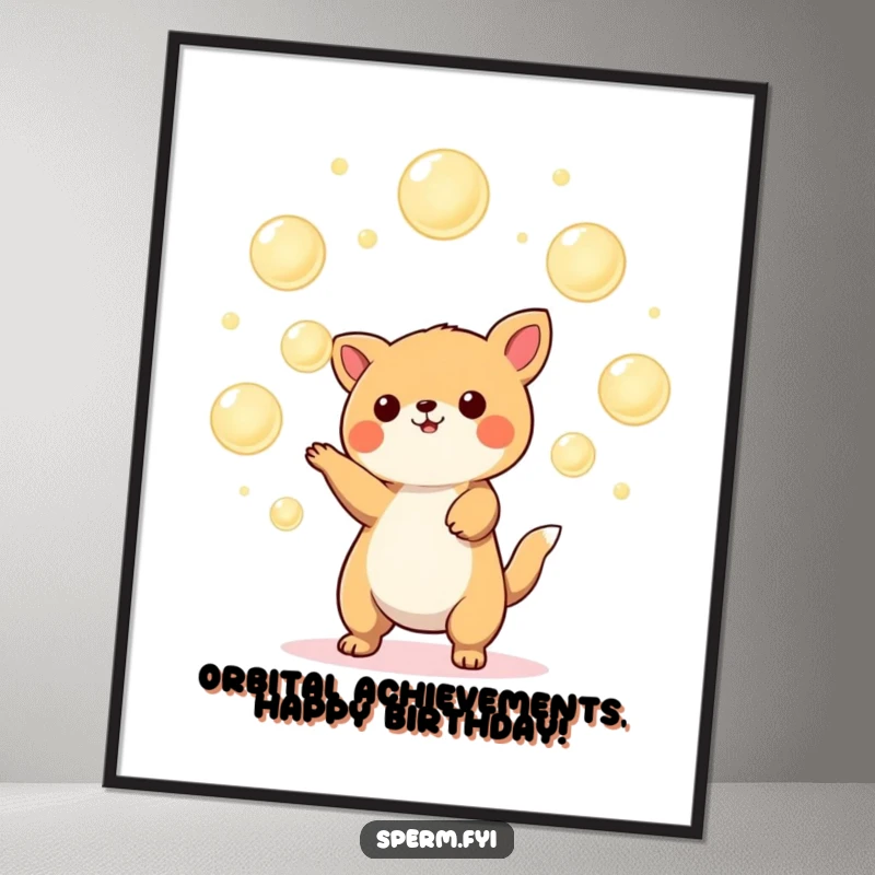 Funny Free Printable Wall Art showing a skilled Kawaii animal juggling a cascade of glowing orbs with a mischievous glint.