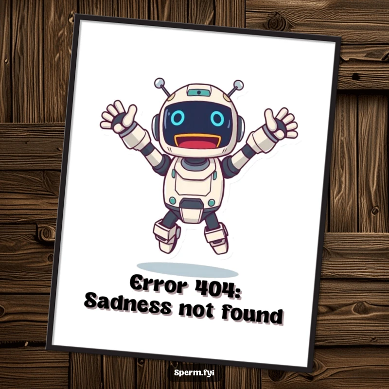 Funny Free Printable Wall Art: A cheerful robot character joyfully jumping with arms outstretched, showcasing excitement and mechanical fun.