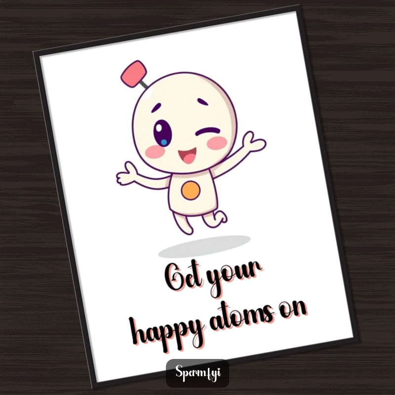 Funny Free Printable Wall Art: Winking atom character is captured mid-dance, radiating fun and dynamic energy.