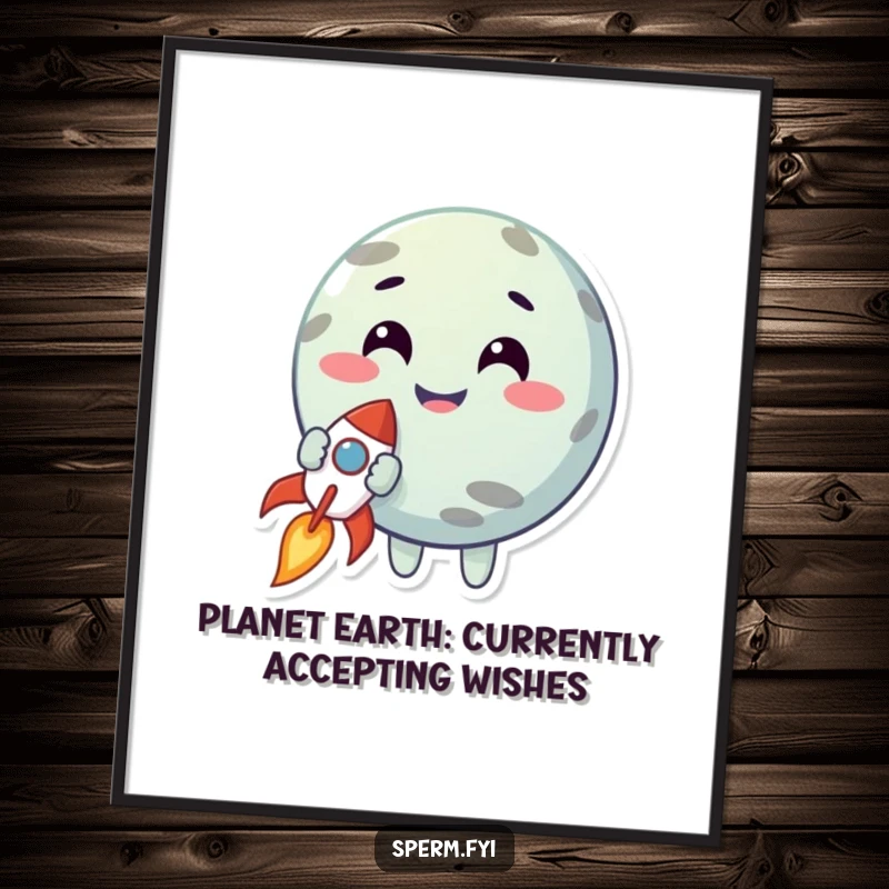 Funny Free Printable Wall Art: A smiling planet character holds a tiny rocket, creating a cute and humorous cosmic scene.