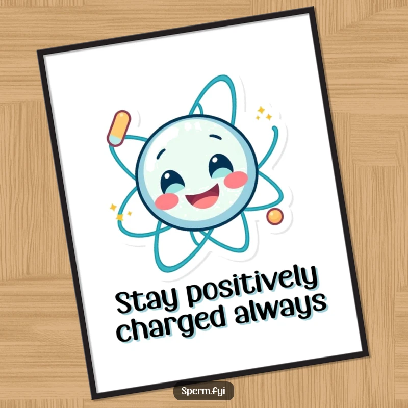 Funny Free Printable Wall Art: A smiling atom character spinning with playful energy, energetic and humorous downloadable decor.
