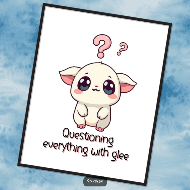 Funny Free Printable Wall Art: Kawaii creature with wide eyes surprised by a question mark, curious downloadable art.