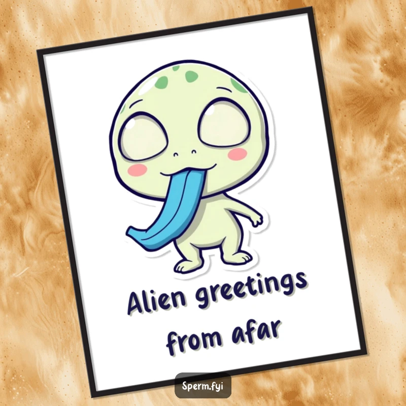 Funny Free Printable Wall Art: A surprised alien character sticks out a long, blue tongue, creating a bizarrely funny scene.