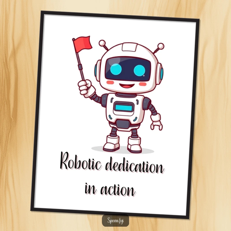 Funny Free Printable Wall Art: A smiling robot character cheerfully waves a tiny flag, spreading good digital vibes.