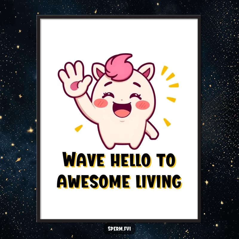 Funny free printable wall art of a cartoon character giving a huge, silly wave. Whimsical decor for any space.