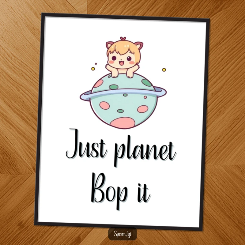 Funny free printable wall art of a gleeful character playfully bopping a silly, round, comical floating planet.