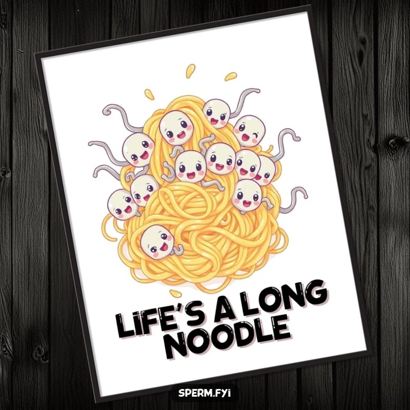 Funny free printable wall art: Sperm characters are comically tangled in a massive spaghetti noodle, creating an absurd scene.