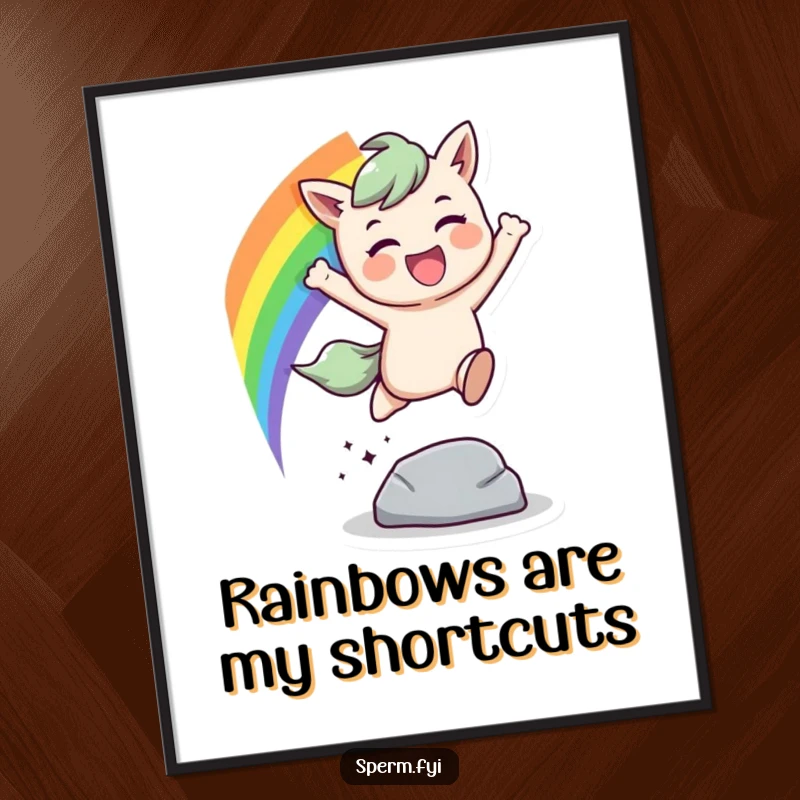 Funny free printable wall art of a joyous character with a rainbow trail leaping over an obstacle, perfect for DIY home decor.