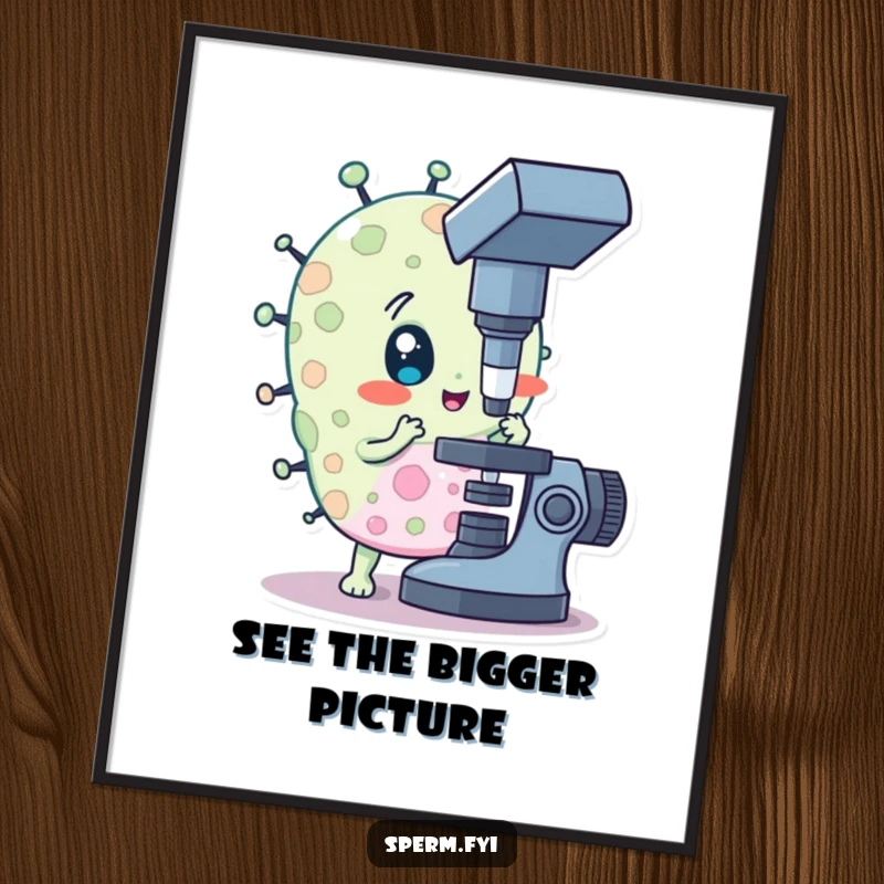 Funny Free Printable Wall Art: Curious bacteria character intently studies something under a microscope, adding wit.
