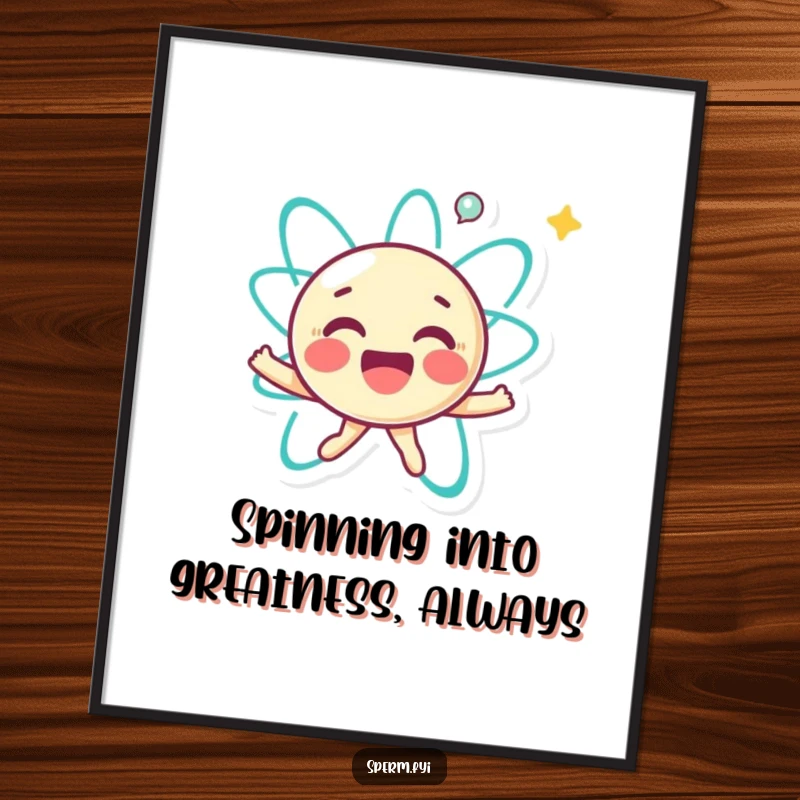 Funny Free Printable Wall Art depicting a joyful little atom character happily spinning, adding energetic and fun decor.
