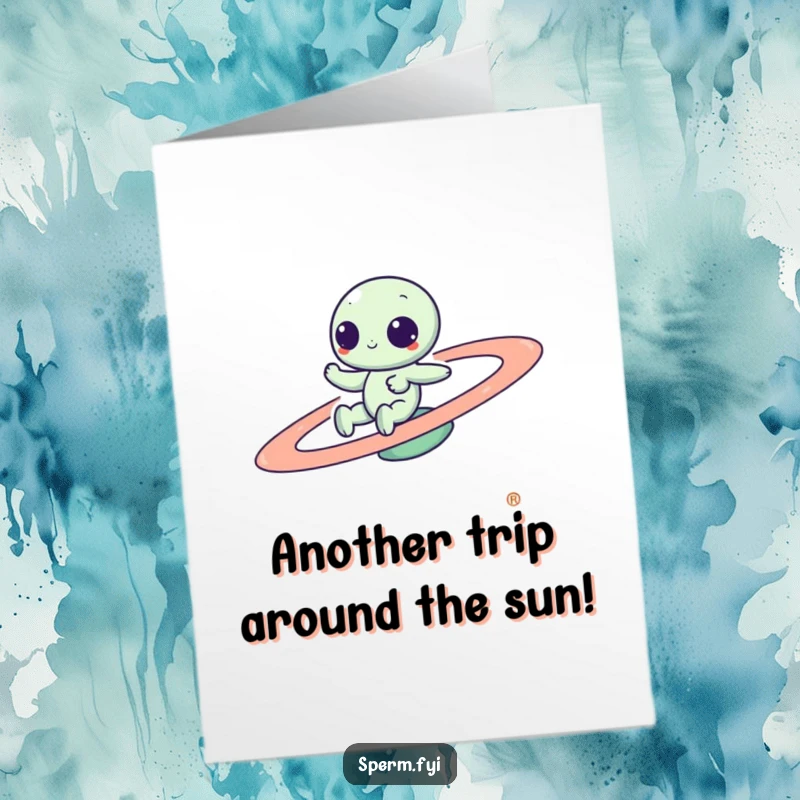 Funny Free Printable Birthday Card: Kawaii alien joyfully zipping around a spinning cartoon planet, space-themed celebration.