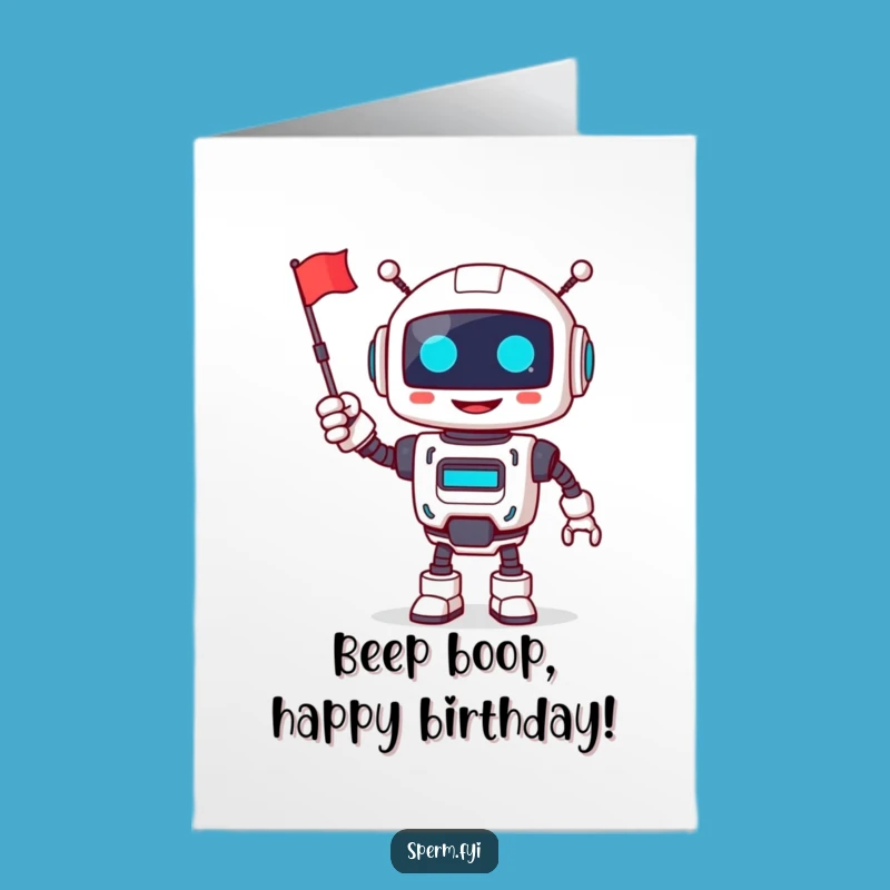 Cheerful Free Printable Robot Birthday Card: Waving Flag, Funny Downloadable Gift!