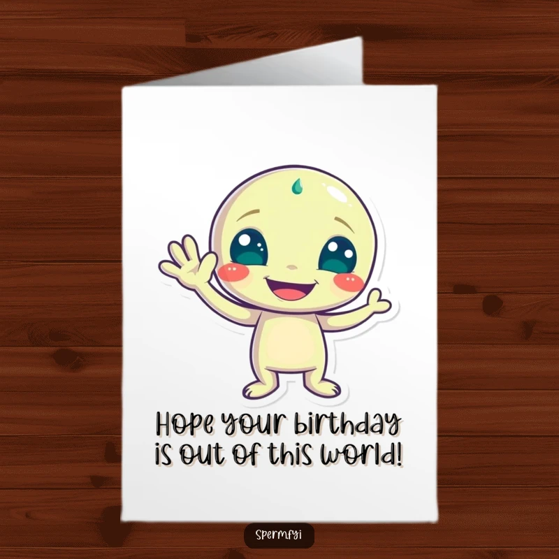 Funny Free Printable Birthday Card featuring a playful alien character waving with a wide grin, perfect for a unique birthday message.