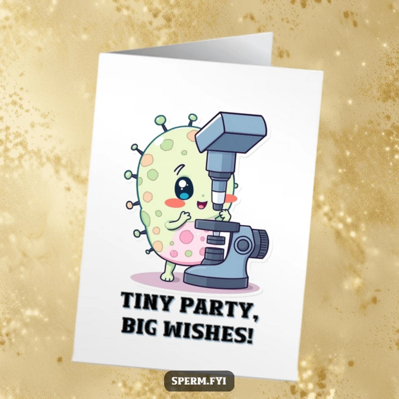 Funny Free Printable Birthday Card: Curious bacteria character peers intently through a microscope, celebrating a birthday.