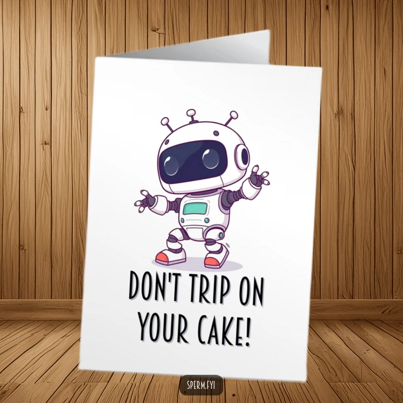 Funny Free Printable Birthday Card: Cute Kawaii robot comically tripping over its own metallic feet, birthday celebration humor.