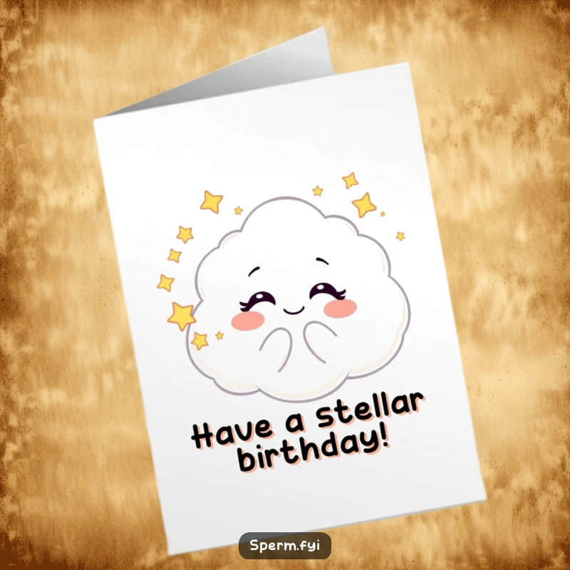 Funny Free Printable Birthday Card: A giggling galaxy cloud character blows perfectly round, shimmering stars like bubbles, spreading joy.
