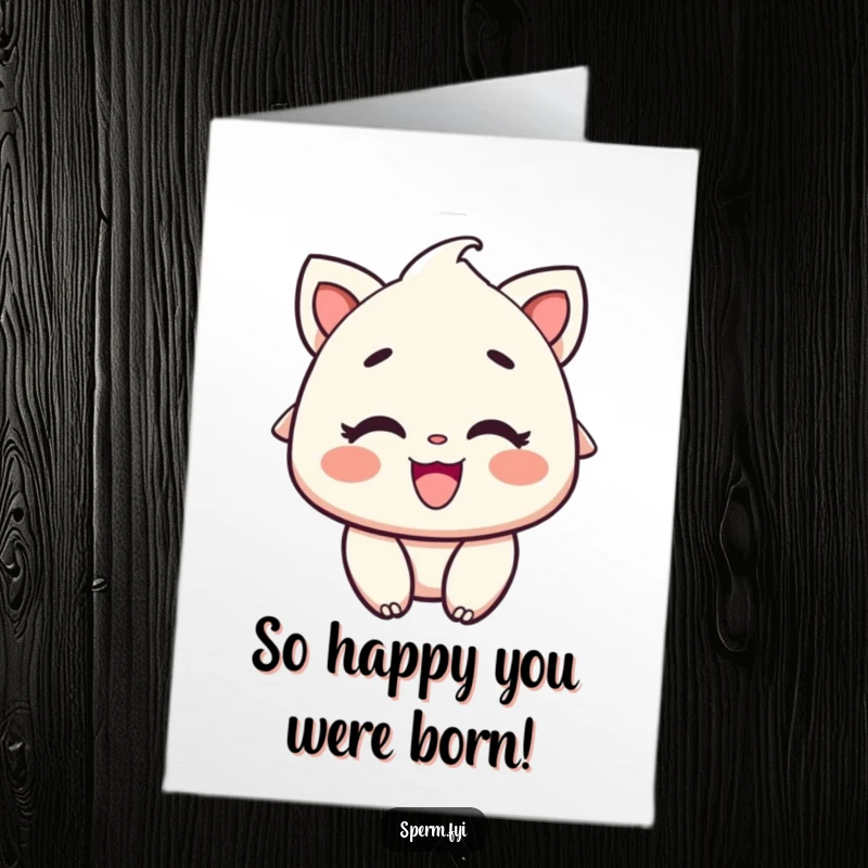 Funny free printable birthday card showcasing a character beaming with rosy cheeks and a wide, happy smile. Pure birthday joy.