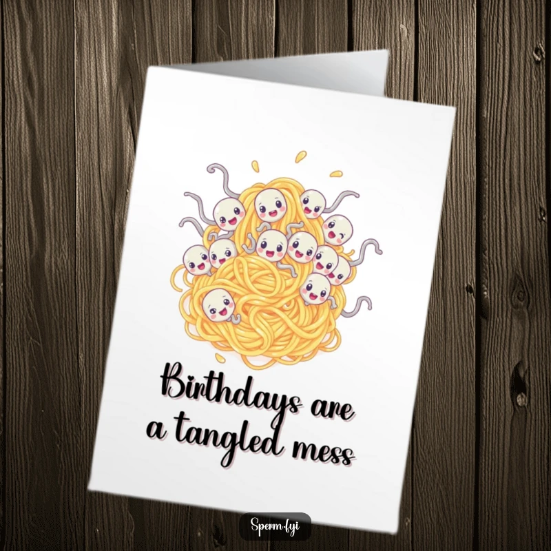 Funny free printable birthday card: Several sperm characters are hilariously entangled in a giant spaghetti noodle, leading to chaos.