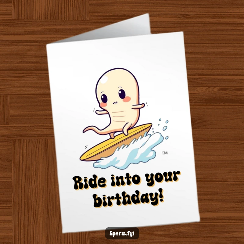 Funny Free Printable Birthday Card: Sperm wobbles precariously while surfing a giant potato chip. Snack humor.