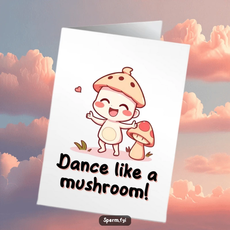 Funny Free Printable Birthday Card: Giggling character dances with a talking mushroom, spreading birthday cheer.