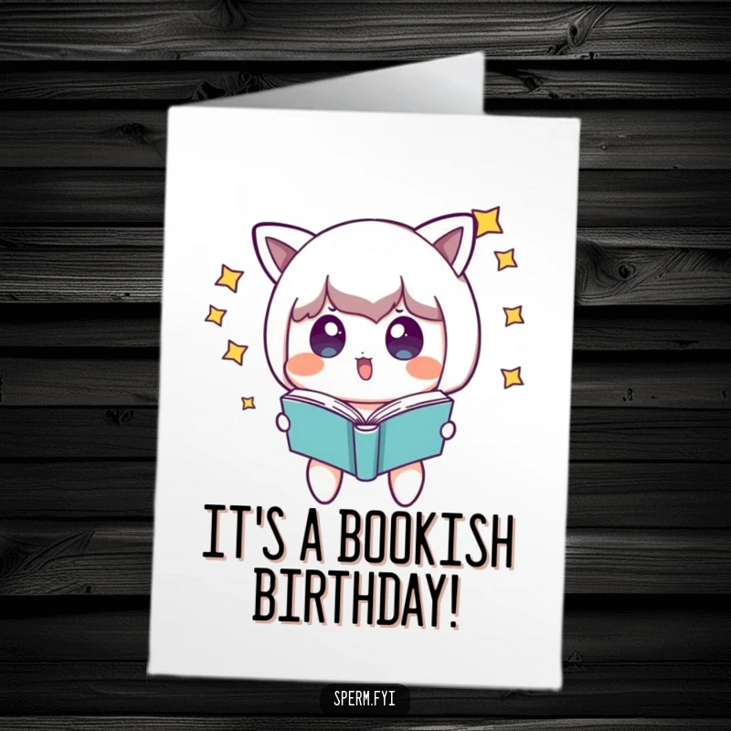 Funny Free Printable Birthday Card: Surprised character with stars around its head looks at a floating book, a magical surprise.