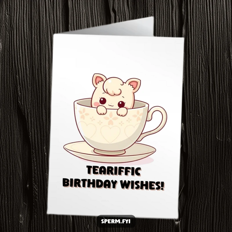 Funny Free Printable Birthday Card: Curious character peeking from inside a giant teacup, a whimsical birthday surprise.