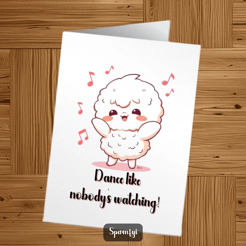 Funny Free Printable Birthday Card featuring a fluffy Kawaii character busting a move with musical notes floating around.
