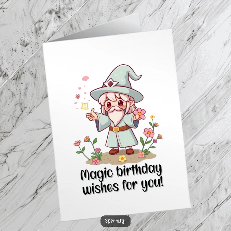Funny Free Printable tiny Kawaii wizard casting a spell, making flowers bloom instantly, for a birthday card.