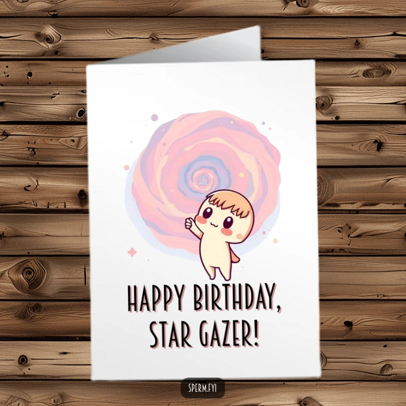 Funny free printable birthday card showing a curious character pointing in awe at a vibrant, swirling galaxy.