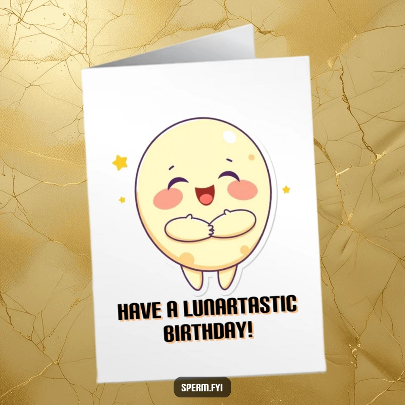 Funny Free Printable Birthday Card: A joyful little moon character embraces the viewer with a massive, happy hug, radiating warmth.