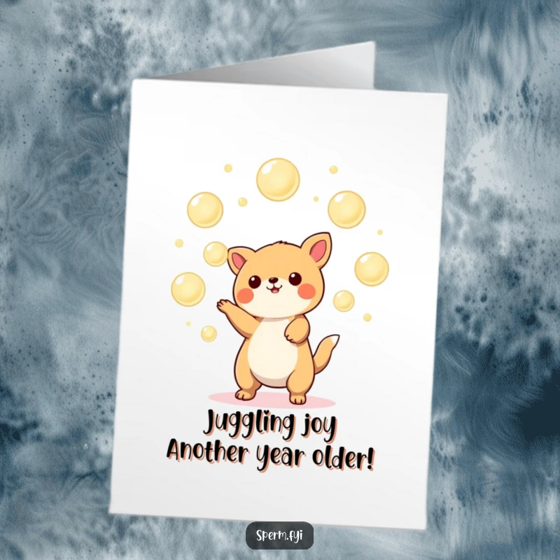 Funny Free Printable Birthday Card featuring a Kawaii animal expertly juggling glowing orbs with a comical expression.