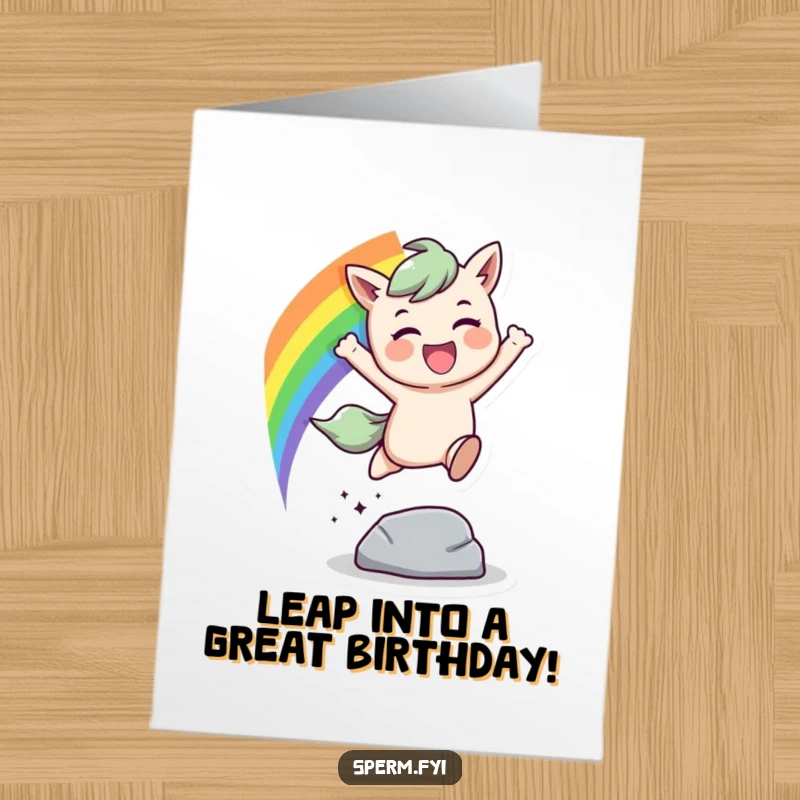 Funny free printable birthday card: a joyous character with a rainbow trail leaps over an obstacle, a colorful downloadable gift.