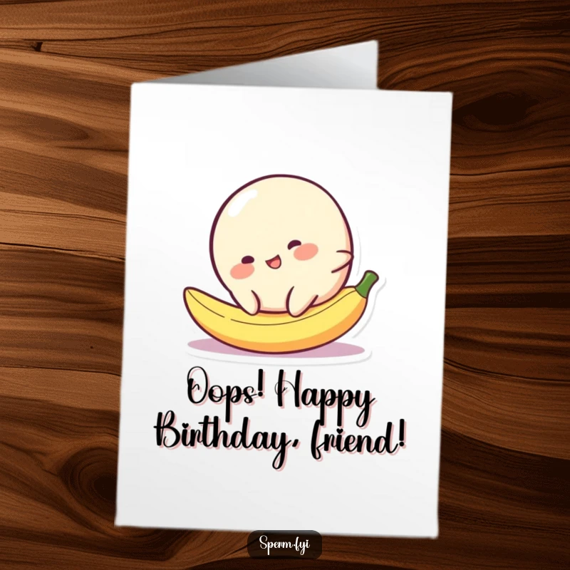 Funny Free Printable Birthday Card: Cheerful blob comically slips on a tiny banana peel, spreading laughter.