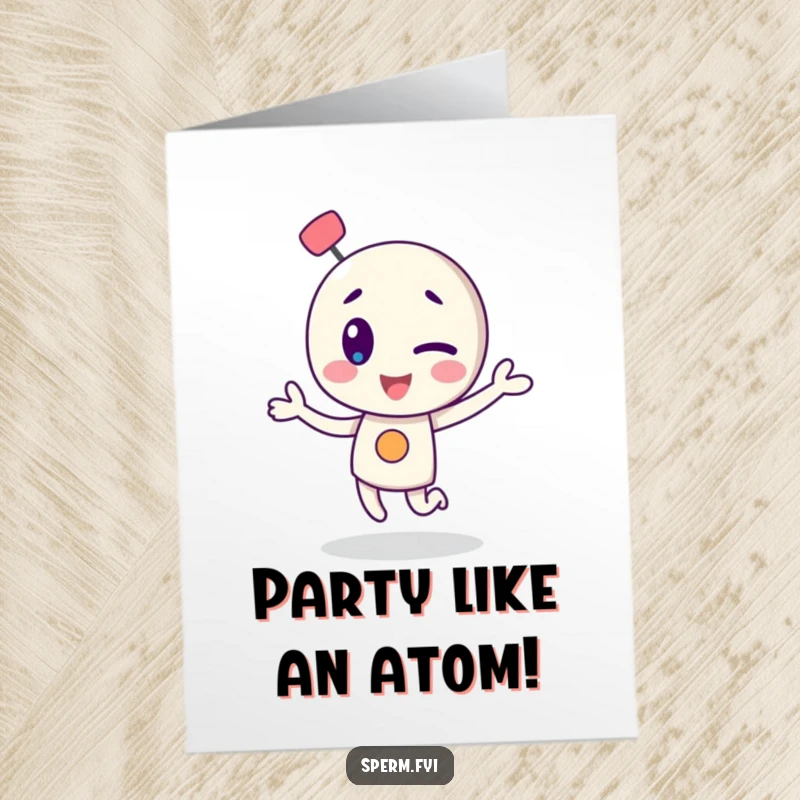 Funny Free Printable Birthday Card: Winking atom character does a joyful little dance, celebrating with infectious energy.