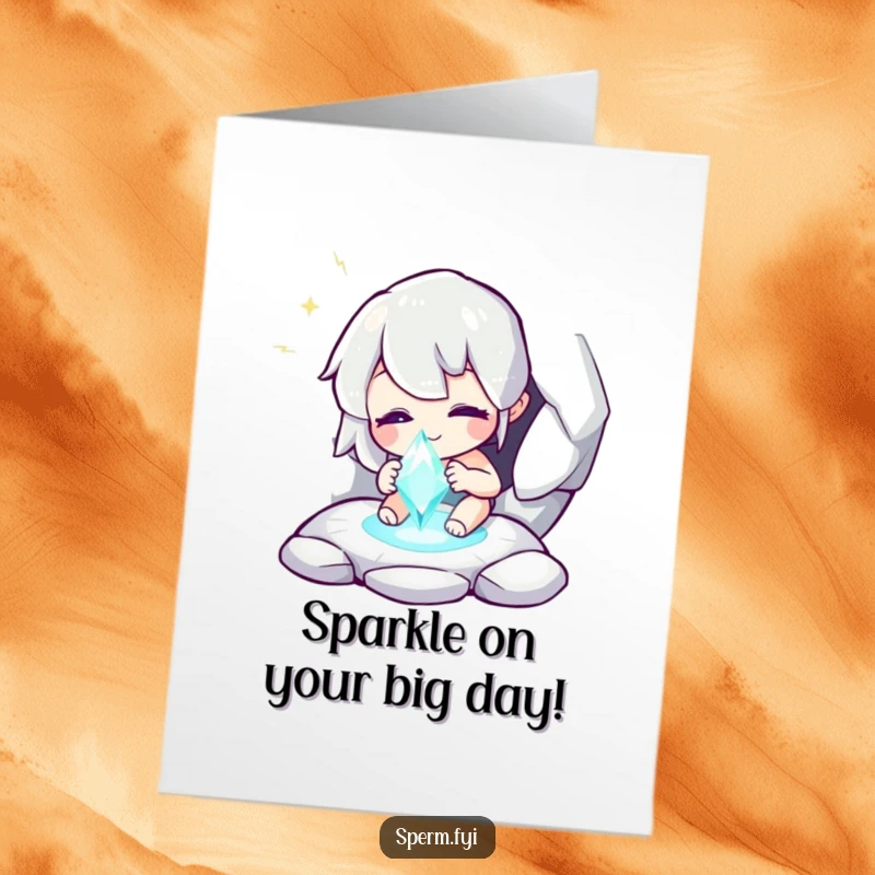 Funny free printable birthday card showing a whimsical character excitedly discovering a brilliant, hidden sparkling gem.